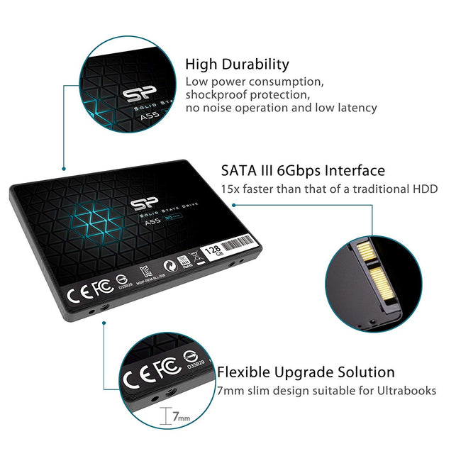 Silicon Power 128GB SSD 3D NAND A55 SLC Cache Performance Boost SATA III 2.5" 7mm (0.28") Internal Solid State Drive (SU128GBSS3A55S25AC) - The Gadget Collective