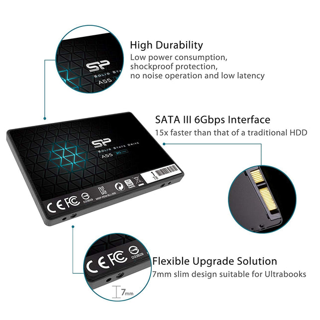 Silicon Power 1TB SSD 3D NAND A55 SLC Cache Performance Boost SATA III 2.5" 7mm (0.28") Internal Solid State Drive (SP001TBSS3A55S25) - The Gadget Collective