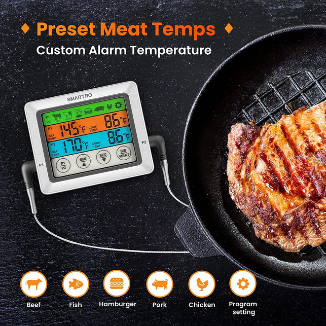 SMARTRO ST54 Dual Probe Digital Meat Thermometer for Cooking Food Kitchen Oven BBQ Grill with Timer Mode and Commercial-Grade Probes - The Gadget Collective