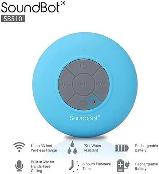 Soundbot SB510 HD Water Resistant Bluetooth 4.0 Shower Speaker, Handsfree Portable Speakerphone with Built-In Mic, 6Hrs of Playtime, Control Buttons and Dedicated Suction Cup_Blue - The Gadget Collective