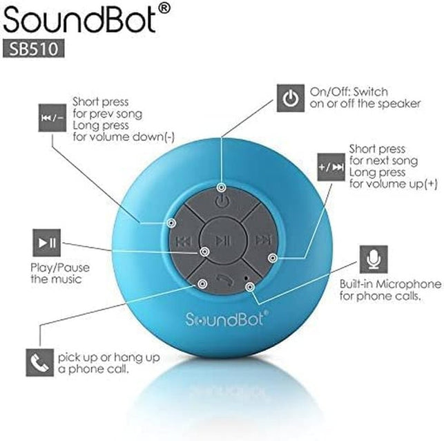 Soundbot SB510 HD Water Resistant Bluetooth 4.0 Shower Speaker, Handsfree Portable Speakerphone with Built-In Mic, 6Hrs of Playtime, Control Buttons and Dedicated Suction Cup_Blue - The Gadget Collective