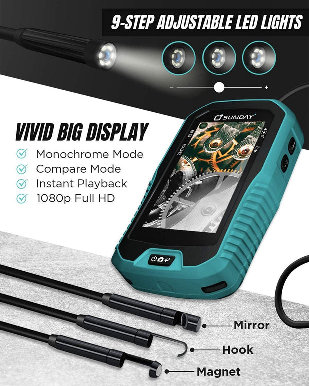 SUNDAY Endoscope Camera | HD Waterproof IP67 8Mm Borescope Inspection Snake Camera with Light, Semi-Rigid Probe, 4.3” LCD Display HVAC Tools for Drain, Pipe, Automotive and DIY (Cyan Blue) - The Gadget Collective