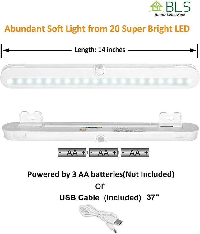 T01L LED Closet Light - BLS Super Bright 20 LED under Cabinet Lighting Battery Powered / DC Input Wireless Motion Sensing Light, Auto on off Switch, Motion Sensor & Light Sensor, Light Beam Adjustable - The Gadget Collective