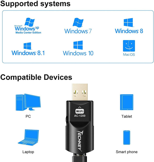 Techkey USB WiFi Adapter 1200Mbps USB 3.0 WiFi Dongle 802.11 ac Wireless Network Adapter with Dual Band 2.42GHz/300Mbps 5.8GHz/866Mbps 5dBi High Gain - The Gadget Collective