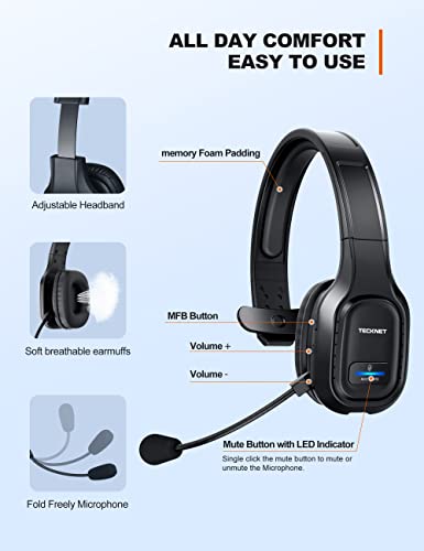 TECKNET Trucker Bluetooth Headset with Microphone Noise Canceling Wireless On Ear Headphones, Hands Free Wireless Headset for Cell Phone Computer Office Home Call Center Skype (Black) - The Gadget Collective
