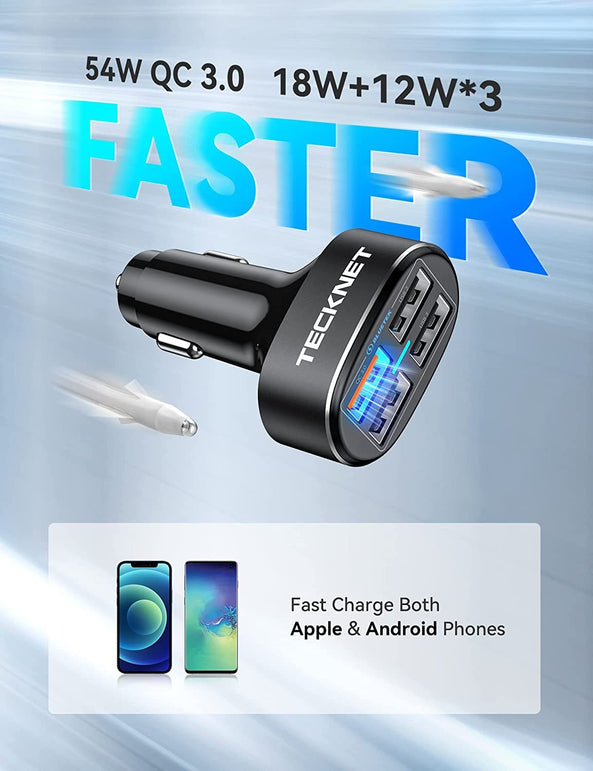 TECKNET USB Car Charger 54W 4-Port USB Car Charger Adapter QC 3.0 Port Compatible with Iphone 14 Pro Max/14 Plus/Iphone 13 12 11 Pro Max X XR XS 8 Samsung Galaxy Note 20/10 S21/20/10 Google Pixel - The Gadget Collective