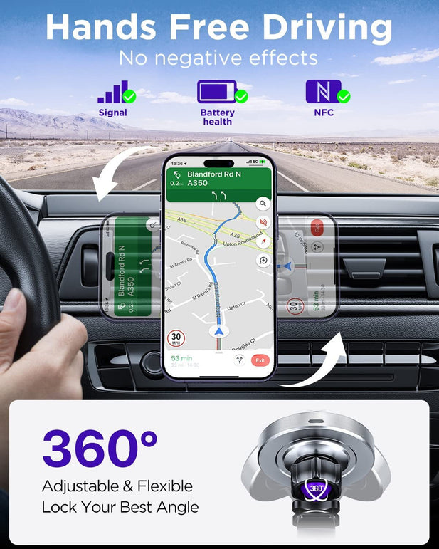 Tikeco Magnetic Wireless Car Charger, 15W Auto-Lock for Magsafe Car Charger Air Vent Dashboard Windshield Charging Car Mount for Iphone 14/13/12 Series and Magsafe/Magnetic Cases (With QC 3.0 Car Charger) - The Gadget Collective