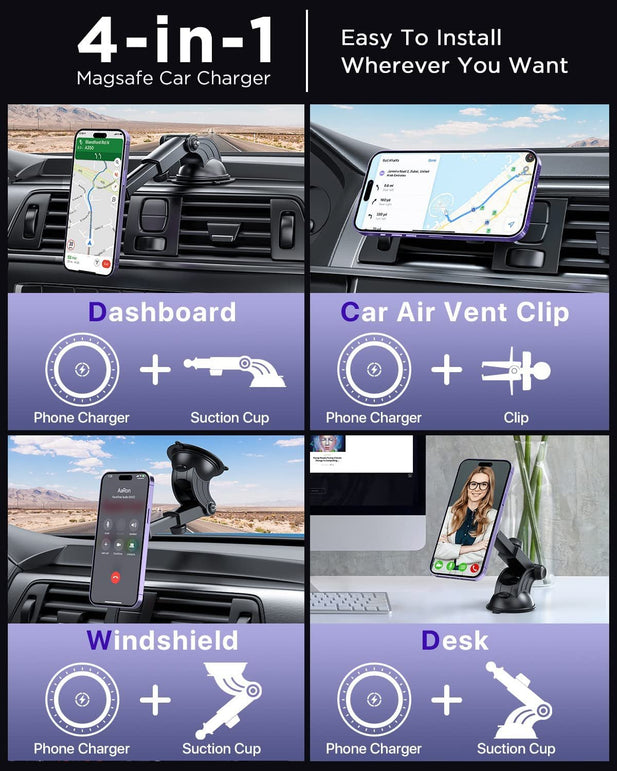 Tikeco Magnetic Wireless Car Charger, 15W Auto-Lock for Magsafe Car Charger Air Vent Dashboard Windshield Charging Car Mount for Iphone 14/13/12 Series and Magsafe/Magnetic Cases (With QC 3.0 Car Charger) - The Gadget Collective