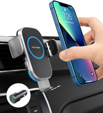 TIKECO Wireless Car Charger, 15W Auto-Clamping Car Charger Mount, Air Vent Car Charging Holder for Iphone 14/14 Pro/13/13 Pro /12/12 Pro/ 11/11 Pro/Xr/Xs/X/8, Samsung S22/ S21/S20 (With QC 3.0 Car Charger) - The Gadget Collective