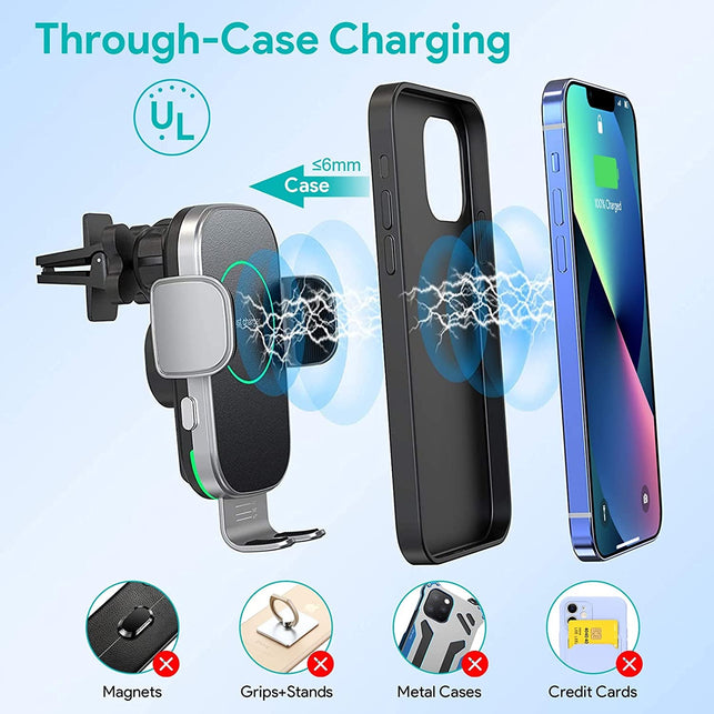 TIKECO Wireless Car Charger, 15W Auto-Clamping Car Charger Mount, Air Vent Car Charging Holder for Iphone 14/14 Pro/13/13 Pro /12/12 Pro/ 11/11 Pro/Xr/Xs/X/8, Samsung S22/ S21/S20 (With QC 3.0 Car Charger) - The Gadget Collective