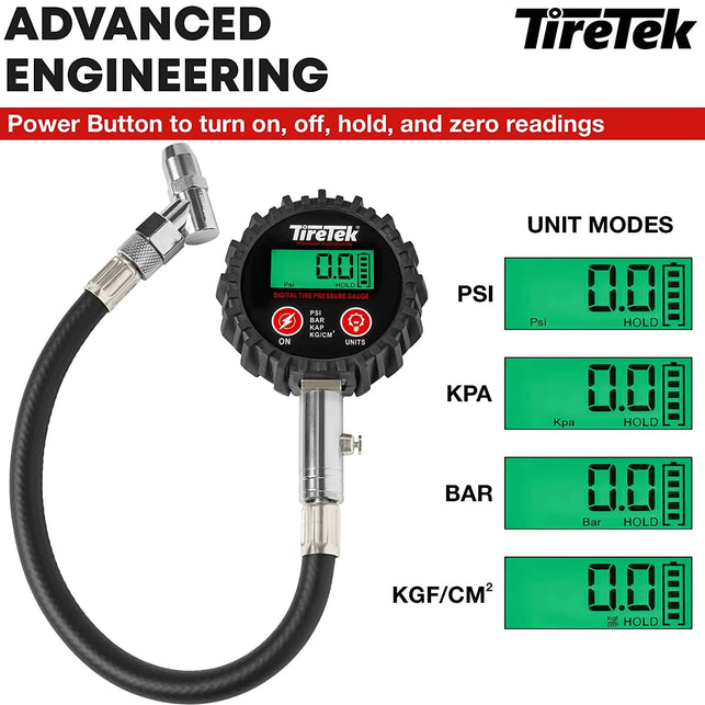 TIRETEK Digital Tire Pressure Gauge (0-200 PSI) - Heavy Duty Tire Gauge (Stainless Steel) - Motcertified ANSI - Easy to Read - Air Gauge Tire Pressure - Bike and Motorcycle Tire Pressure Gauge - The Gadget Collective