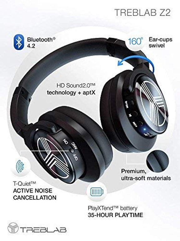 TREBLAB Z2 Supreme Bluetooth Wireless Headphones - Active Noise Cancelling T-Quiet, Flawless aptX Sound, Neodymium 40mm Speakers - The Gadget Collective