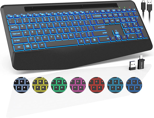 Trueque Wireless Keyboard with 7 Colored Backlits, Wrist Rest, Phone Holder, Rechargeable Ergonomic Computer Keyboard with Silent Keys, Full Size Lighted Keyboard for Windows, Macbook, PC, Laptop - The Gadget Collective