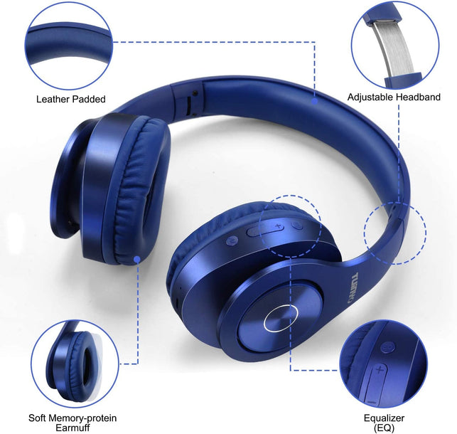 TUINYO Bluetooth Headphones Wireless, over Ear Stereo Wireless Headset 40H Playtime with Deep Bass, Soft Memory-Protein Earmuffs, Built-In Mic Wired Mode Pc/Cell Phones/Tv-Dark Blue - The Gadget Collective