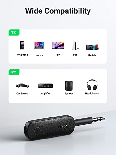 UGREEN Bluetooth 5.0 Transmitter and Receiver 2 in 1 Wireless 3.5mm Bluetooth Adapter, Dual Devices Simultaneously, Aux Bluetooth Audio Car Adapter Compatible with TV Car Home Stereo System Headphones - The Gadget Collective