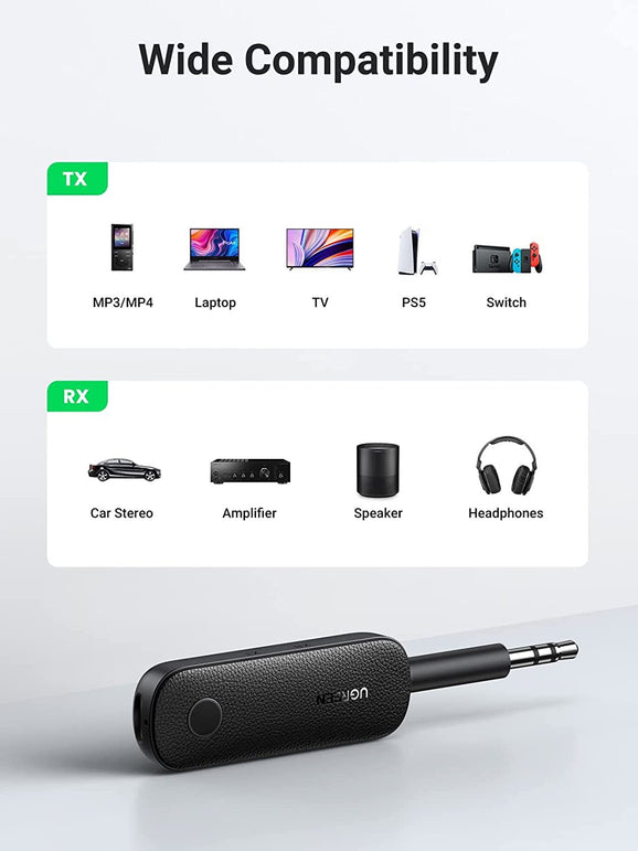 UGREEN Bluetooth 5.0 Transmitter and Receiver 2 in 1 Wireless 3.5Mm Bluetooth Adapter, Dual Devices Simultaneously, Aux Bluetooth Audio Car Adapter Compatible with TV Car Home Stereo System Headphones - The Gadget Collective