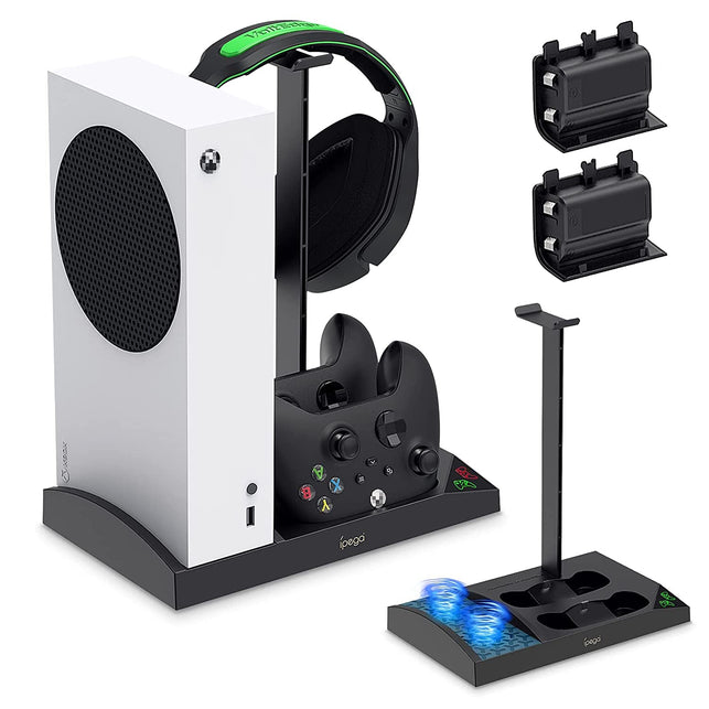 Upgraded Cooling Stand for Xbox Series S Console with Controller Charging Station - Dual Powerful Cooling Fan & Controller Charger Dock with 2 X 1400Mah Rechargeable Batteries, Headset Holder for XSS - The Gadget Collective