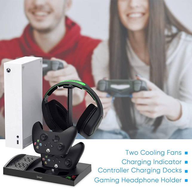 Upgraded Cooling Stand for Xbox Series S Console with Controller Charging Station - Dual Powerful Cooling Fan & Controller Charger Dock with 2 X 1400Mah Rechargeable Batteries, Headset Holder for XSS - The Gadget Collective