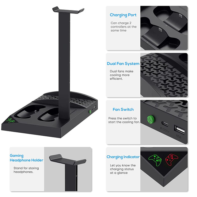 Upgraded Cooling Stand for Xbox Series S Console with Controller Charging Station - Dual Powerful Cooling Fan & Controller Charger Dock with 2 X 1400Mah Rechargeable Batteries, Headset Holder for XSS - The Gadget Collective