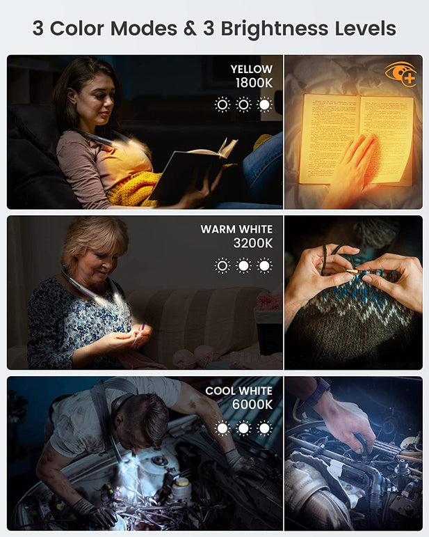Upgraded LED Neck Reading Light, Book Light for Reading in Bed, 30-Min Timer, 3 Colors & 3 Brightness Adjustable, Rechargeable & Long Lasting, Perfect for Reading, Knitting & Repairing - The Gadget Collective