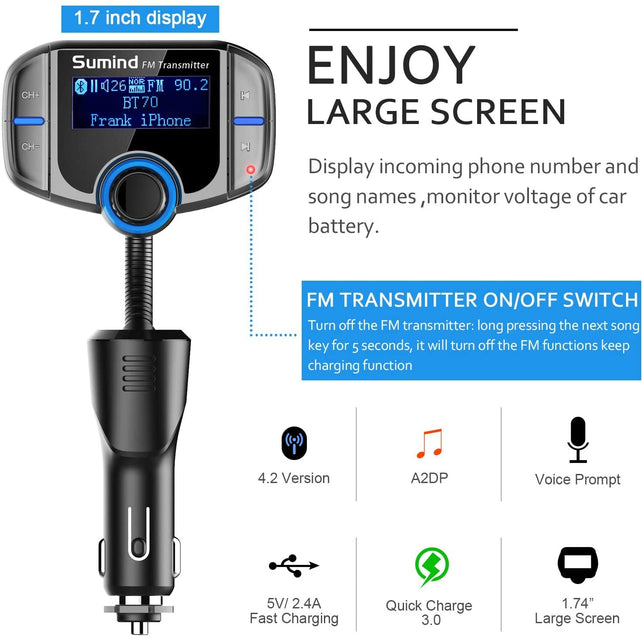 (Upgraded Version) Sumind Car Bluetooth FM Transmitter, Wireless Radio Adapter Hands-Free Kit with 1.7 Inch Display, QC3.0 and Smart 2.4A USB Ports, AUX Output, TF Card Mp3 Player(Silver Grey) - The Gadget Collective