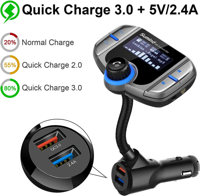 (Upgraded Version) Sumind Car Bluetooth FM Transmitter, Wireless Radio Adapter Hands-Free Kit with 1.7 Inch Display, QC3.0 and Smart 2.4A USB Ports, AUX Output, TF Card Mp3 Player(Silver Grey) - The Gadget Collective