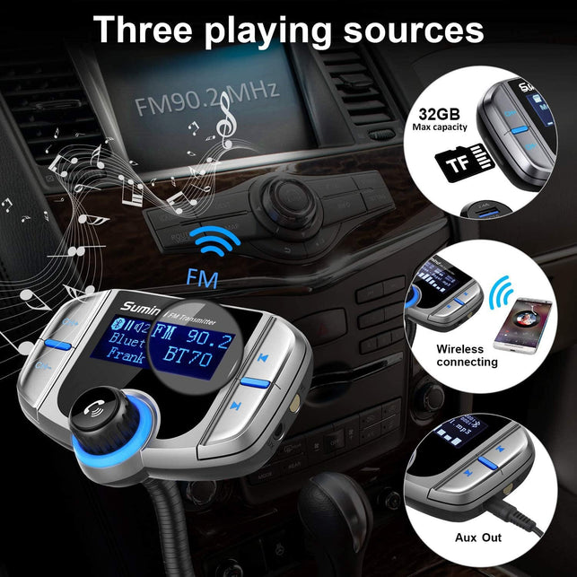 (Upgraded Version) Sumind Car Bluetooth FM Transmitter, Wireless Radio Adapter Hands-Free Kit with 1.7 Inch Display, QC3.0 and Smart 2.4A USB Ports, AUX Output, TF Card Mp3 Player(Silver Grey) - The Gadget Collective