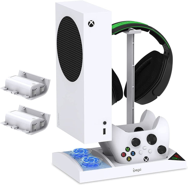 Upgraded Vertical Cooling Fan Stand for Xbox Series S, Cooler Fan System Dual Controller Charging Dock Station with 2 X 1400Mah Rechargeable Battery Pack, Headphone Bracket for Xbox Series S (White) - The Gadget Collective