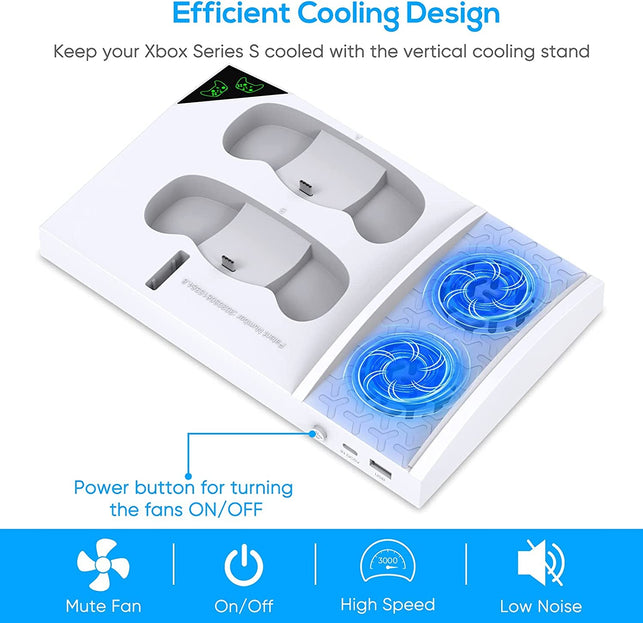 Upgraded Vertical Cooling Fan Stand for Xbox Series S, Cooler Fan System Dual Controller Charging Dock Station with 2 X 1400Mah Rechargeable Battery Pack, Headphone Bracket for Xbox Series S (White) - The Gadget Collective