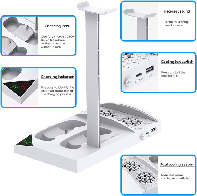 Upgraded Vertical Cooling Fan Stand for Xbox Series S, Cooler Fan System Dual Controller Charging Dock Station with 2 X 1400Mah Rechargeable Battery Pack, Headphone Bracket for Xbox Series S (White) - The Gadget Collective