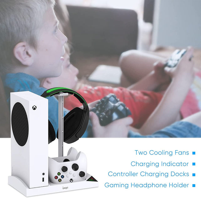 Upgraded Vertical Cooling Fan Stand for Xbox Series S, Cooler Fan System Dual Controller Charging Dock Station with 2 X 1400Mah Rechargeable Battery Pack, Headphone Bracket for Xbox Series S (White) - The Gadget Collective