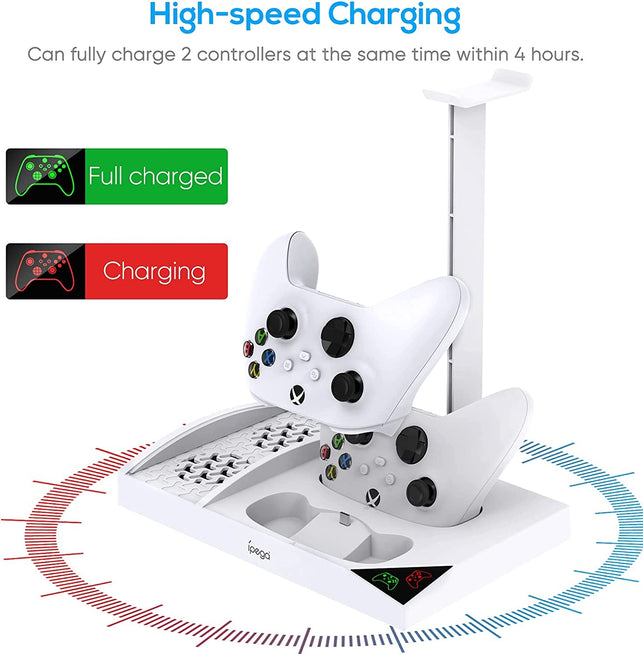 Upgraded Vertical Cooling Fan Stand for Xbox Series S, Cooler Fan System Dual Controller Charging Dock Station with 2 X 1400Mah Rechargeable Battery Pack, Headphone Bracket for Xbox Series S (White) - The Gadget Collective