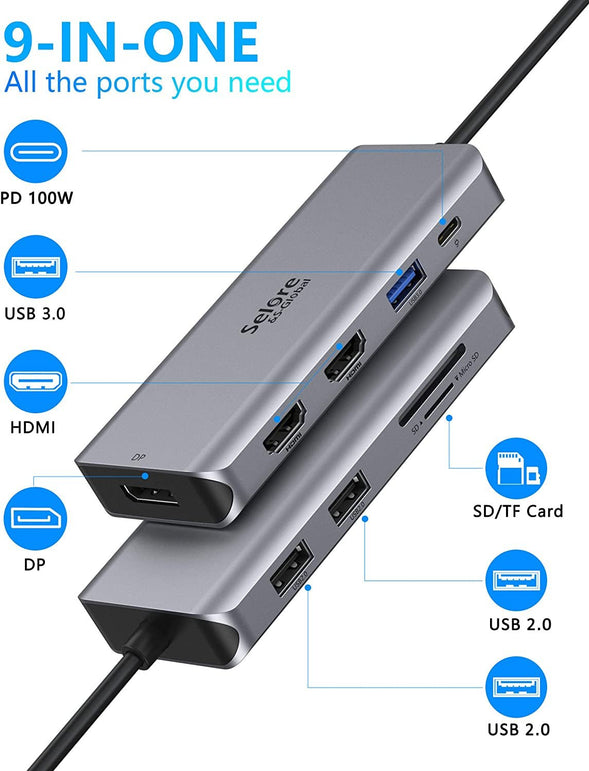 USB C Docking Station Dual Monitor, 9 in 1 USB C Triple Display Docking Station to Dual HDMI Adapter Displayport SD TF Card Reader 2USB 2.0, 1 USB 3.0, 100W PD for USB C Thunderbolt 3 Laptops - The Gadget Collective