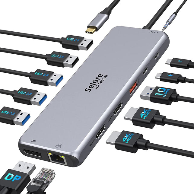 USB C Docking Station Dual Monitor,13 in 1 Multiple Monitor Adapter with 2 HDMI, DP, USB 3.1, 5*USB A, 2*USB C,Ethernet,Audio,Usb C Hub Dual Hdmi,Dual Monitor Adapter for Macbook/Dell/Hp/Lenovo Laptop - The Gadget Collective