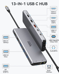 USB C Docking Station Dual Monitor,13 in 1 Multiple Monitor Adapter with 2 HDMI, DP, USB 3.1, 5*USB A, 2*USB C,Ethernet,Audio,Usb C Hub Dual Hdmi,Dual Monitor Adapter for Macbook/Dell/Hp/Lenovo Laptop - The Gadget Collective