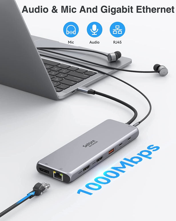 USB C Docking Station Dual Monitor,13 in 1 Multiple Monitor Adapter with 2 HDMI, DP, USB 3.1, 5*USB A, 2*USB C,Ethernet,Audio,Usb C Hub Dual Hdmi,Dual Monitor Adapter for Macbook/Dell/Hp/Lenovo Laptop - The Gadget Collective