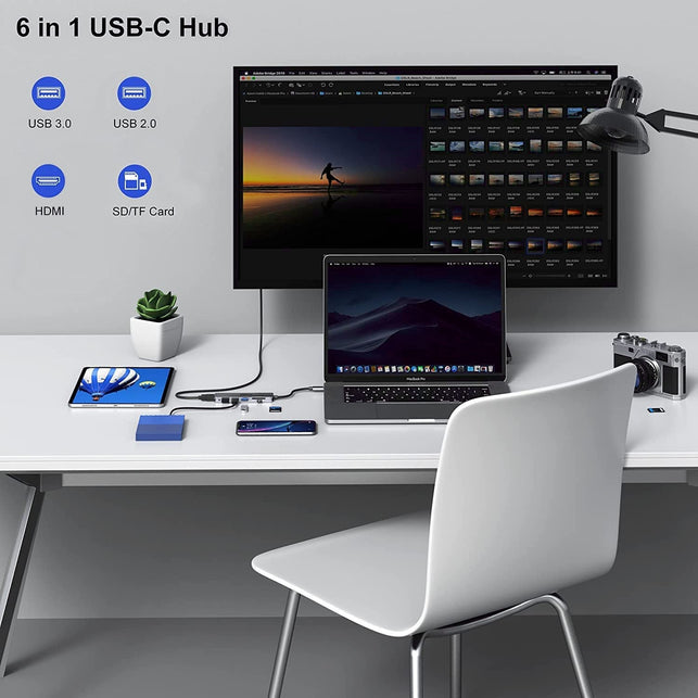 USB C Hub 6 in 1 USB C Adapter to HDMI 4K, USB 3.0 Ports, SD/TF Card Reader USB C Docking Station Dock for Macbook Air/Pro Chromebook Surface HP - The Gadget Collective