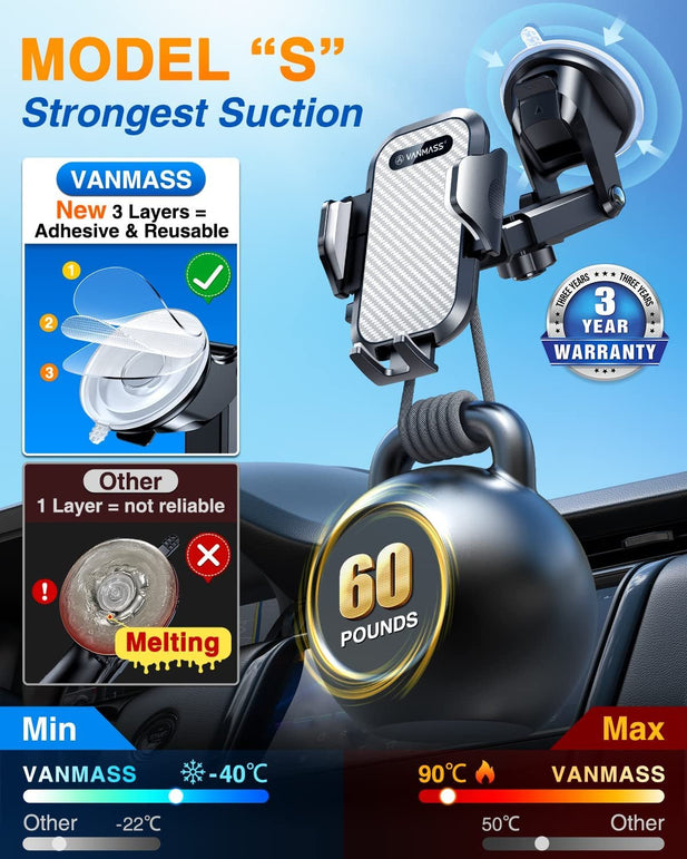 VANMASS [Latest Model] Car Phone Holder Mount, Dashboard Phone Holder Universal Powerful Suction Cup Mount, Dash Windshield Air Vent Truck Stand Compatible with All Phones Black - The Gadget Collective