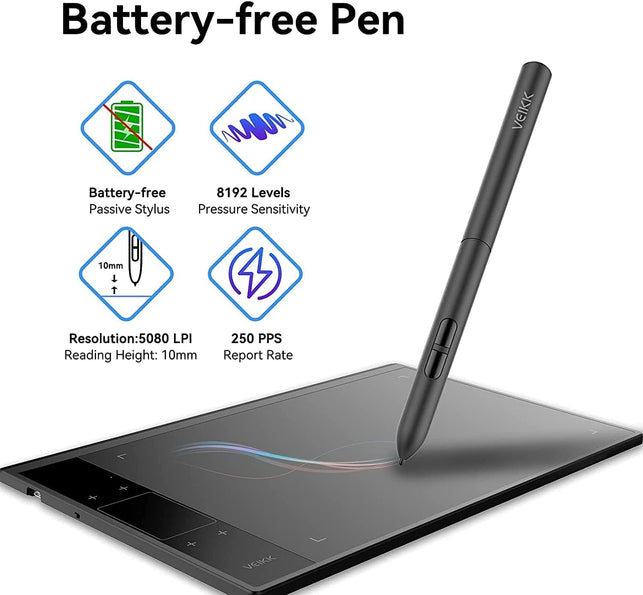 VEIKK A30 V2 Drawing Tablet 10X6 Inch Graphics Tablet with Battery-Free Pen and 8192 Professional Levels Pressure - The Gadget Collective