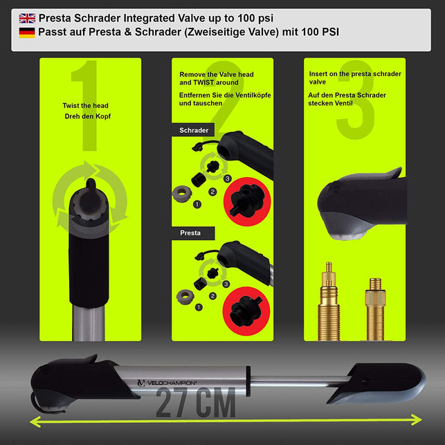 VeloChampion 7" inch Metal Alloy Bike Cycling Frame Pump Presta & Schrader with 100 PSI / 6.9 Bar Max Pressure - Lightweight, Portable, Compact & Dura - The Gadget Collective