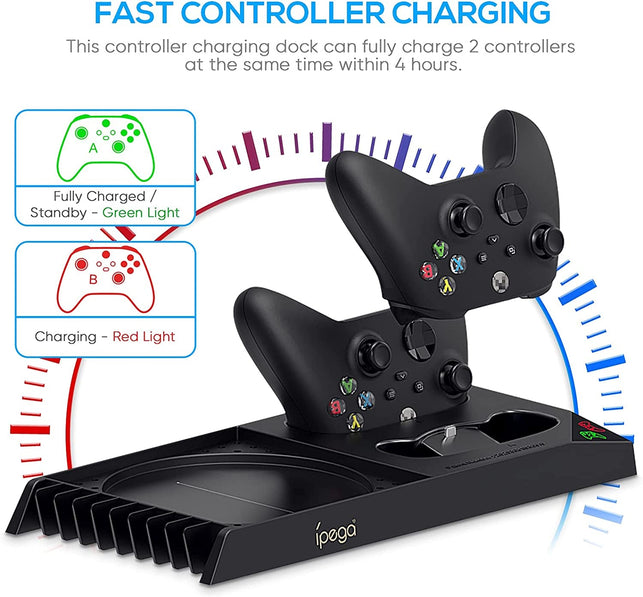 Vertical Cooling Stand for Xbox Series X Console - Dual Controller Charging Dock Station with 2 Pack 1400Mah Batteries & Game Rack Storage Organizer and Gaming Headphones Holder for Xbox Series X - The Gadget Collective