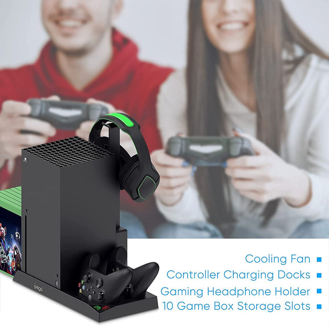 Vertical Cooling Stand for Xbox Series X Console - Dual Controller Charging Dock Station with 2 Pack 1400Mah Batteries & Game Rack Storage Organizer and Gaming Headphones Holder for Xbox Series X - The Gadget Collective