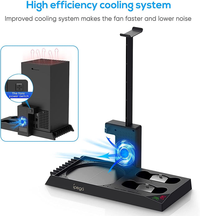 Vertical Cooling Stand for Xbox Series X Console - Dual Controller Charging Dock Station with 2 Pack 1400Mah Batteries & Game Rack Storage Organizer and Gaming Headphones Holder for Xbox Series X - The Gadget Collective