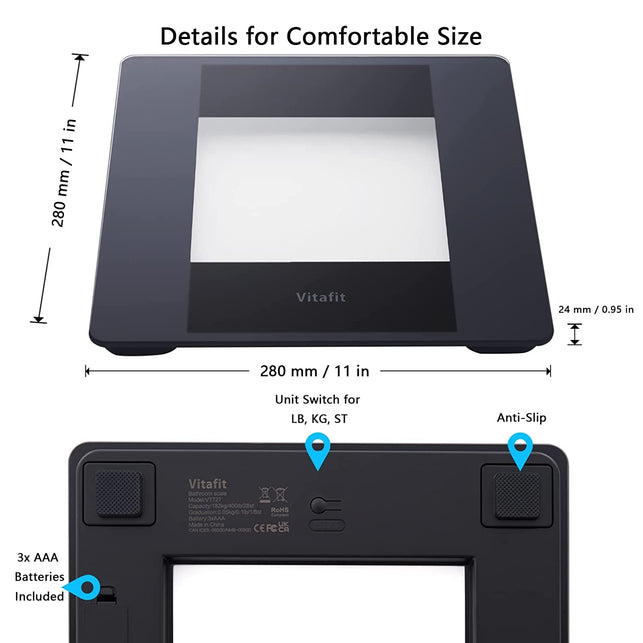 Vitafit Digital Body Weight Bathroom Scale, Dedicating to High Precision Technology for Weighing over 20 Years, Crystal Clear LED and Step-On, Batteries Included, 400Lb/180Kg, Black - The Gadget Collective