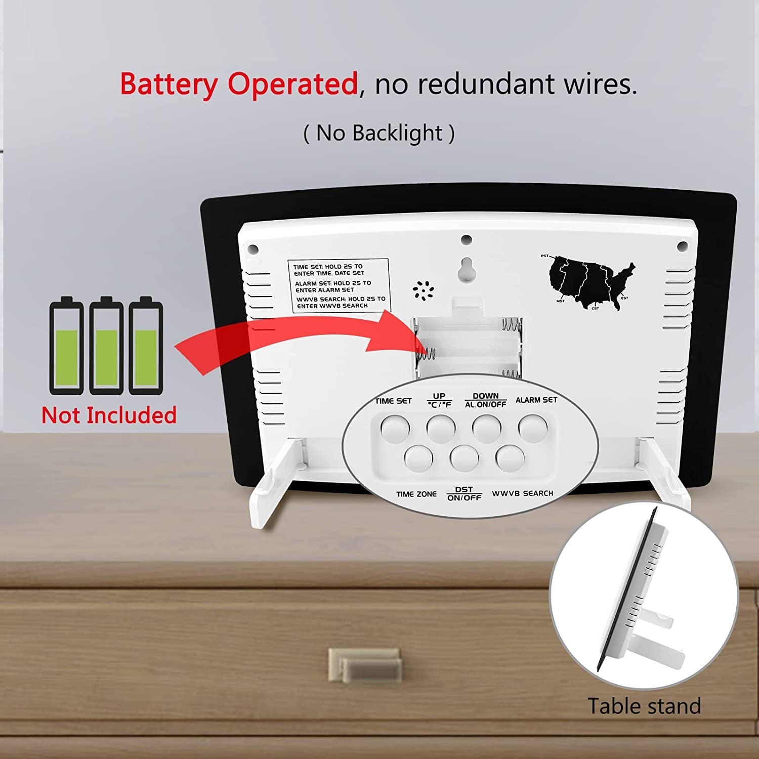 WallarGe Auto Set Digital Wall Clock Battery Operated, Desk Clocks with Temperature, Humidity and Date, Large Display Digital Calendar Alarm Clock