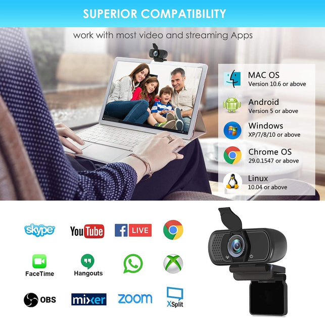 Webcam, HD Webcam 1080P with Privacy Shutter and Tripod Stand, Pro Streaming Web Camera with Microphone, Widescreen USB Computer Camera for PC Mac Laptop Desktop Video Calling Conferencing Recording - The Gadget Collective