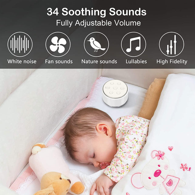 White Noise Machine for Sleeping Baby Kids – Portable Sound Machine with Night Light, USB Rechargeable, 34 Soothing Noises, Auto-Off Timer, Sleep Machine for Adults Babies Lullaby Travel Home - The Gadget Collective