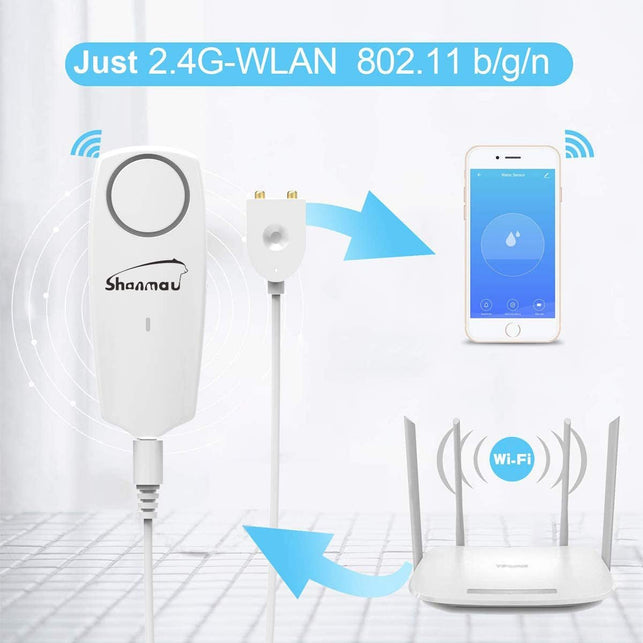 Wifi Water Sensor 100Db Alarm, Smart Water Leak Detector, Tuya APP Free Remote Monitoring of Leakage, 5.9FT Detection Line, Mute / 6 Ringtones Adjustable, Can Open SMS and Phone Notification Function - The Gadget Collective