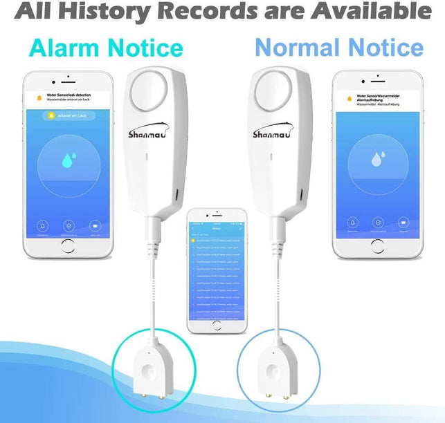 Wifi Water Sensor 100Db Alarm, Smart Water Leak Detector, Tuya APP Free Remote Monitoring of Leakage, 5.9FT Detection Line, Mute / 6 Ringtones Adjustable, Can Open SMS and Phone Notification Function - The Gadget Collective