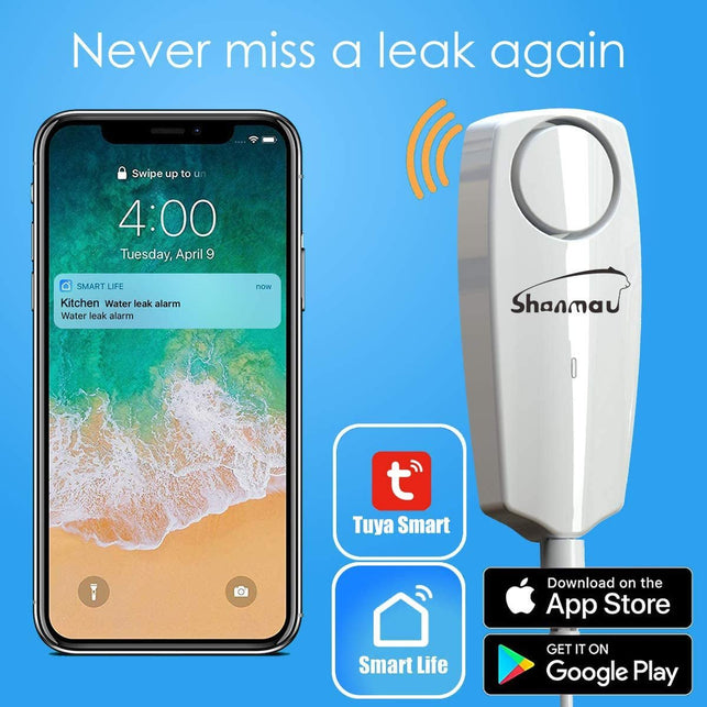 Wifi Water Sensor 100Db Alarm, Smart Water Leak Detector, Tuya APP Free Remote Monitoring of Leakage, 5.9FT Detection Line, Mute / 6 Ringtones Adjustable, Can Open SMS and Phone Notification Function - The Gadget Collective